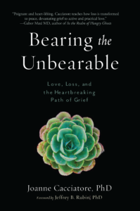 Photo of Bearing the Unbearable book cover (black with green succulent in the middle), grieving grief grieve bereavement loss course death mourning grieving