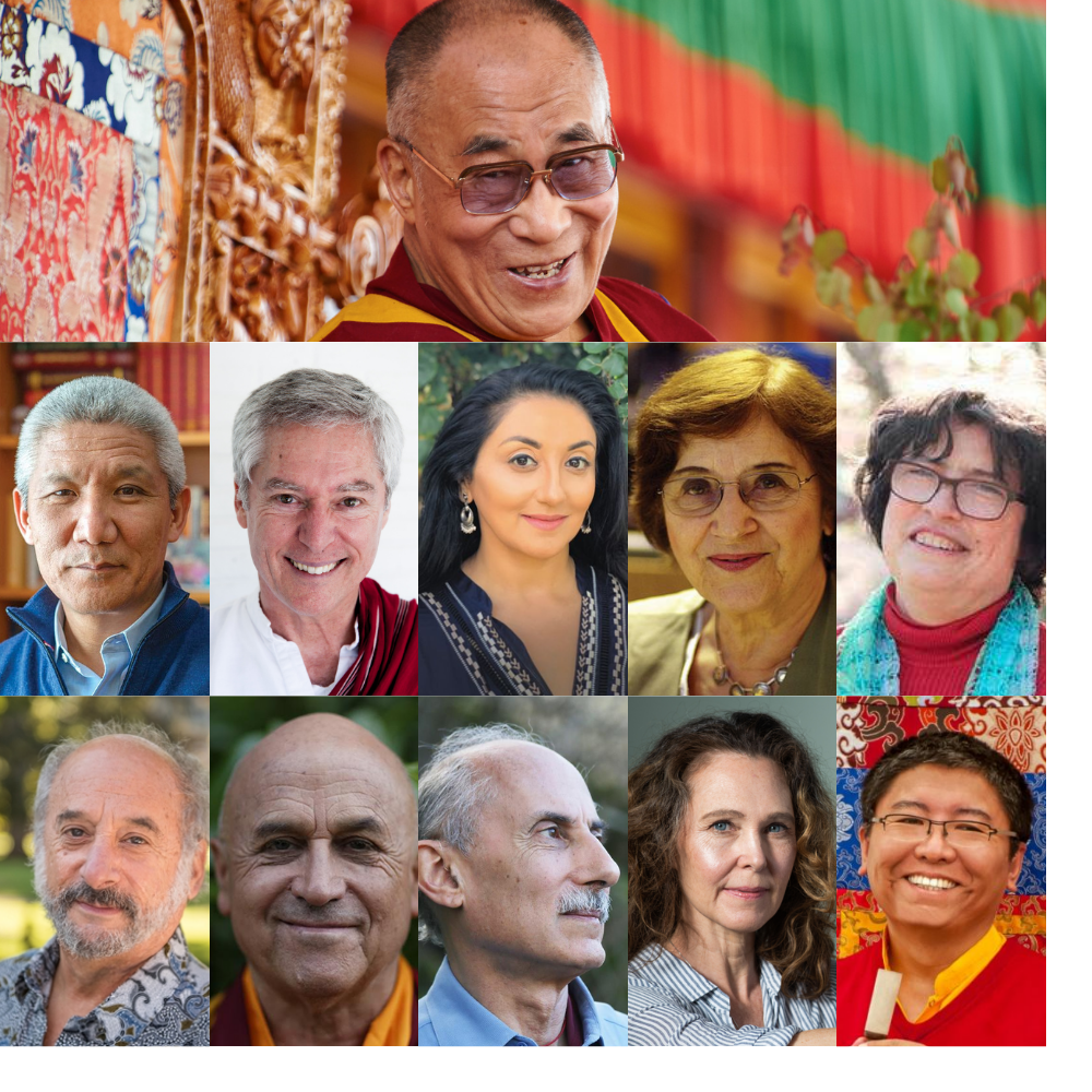 Photo of speakers in course including Dalai Lama, Thupten Jinpa, Alan Wallace, Amishi Jha, Anne Treisman, Catherine Kerr, Jay Garfield, Matthieu Ricard, Jack Kornfield, Willa Baker, Tsoknyi Rinpoche