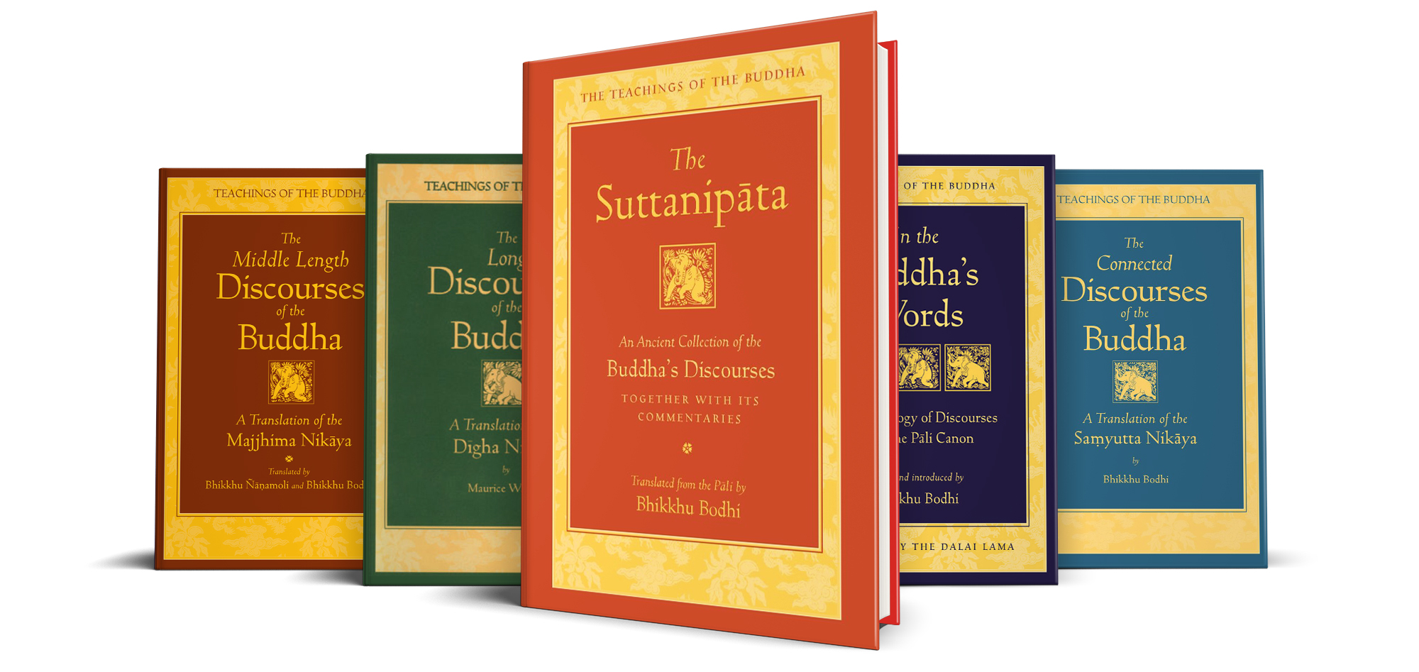 Image of books in the Teachings of the Buddha series, the renowned Pali Canon translation by Bhikkhu Bodhi, sharing the words of the Buddha